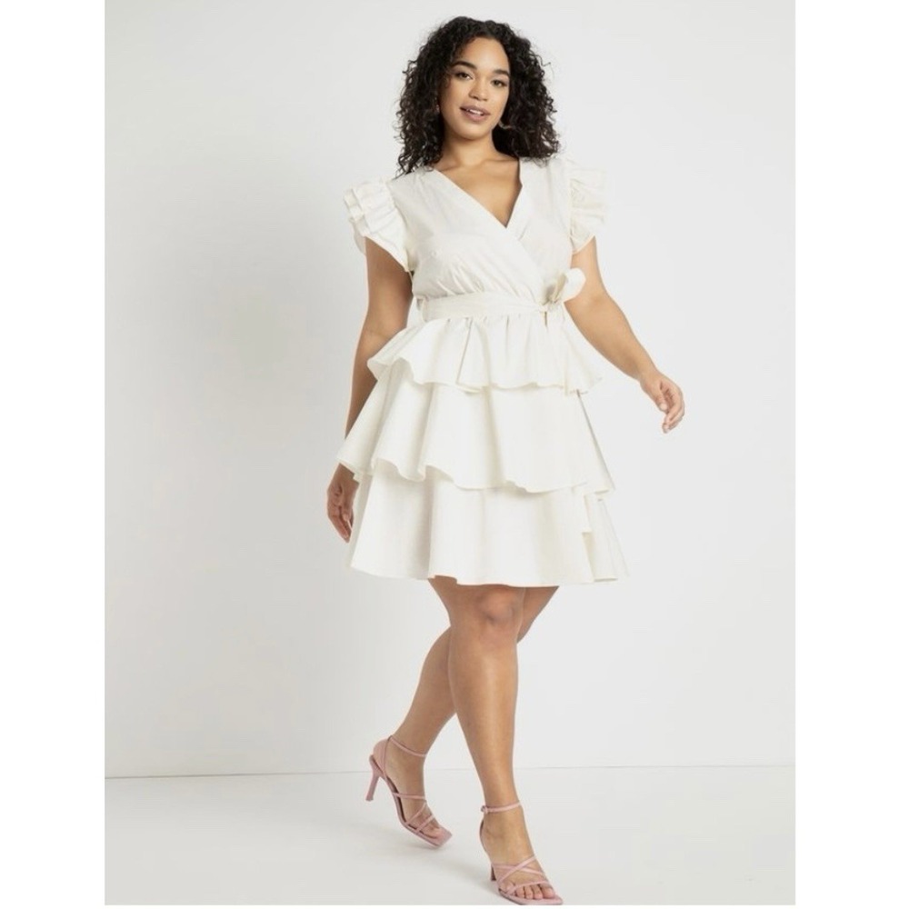 ELOQUII Ivory Tiered Ruffle Mini Wrap Dress Size 20 Bridal Feminine Flattering